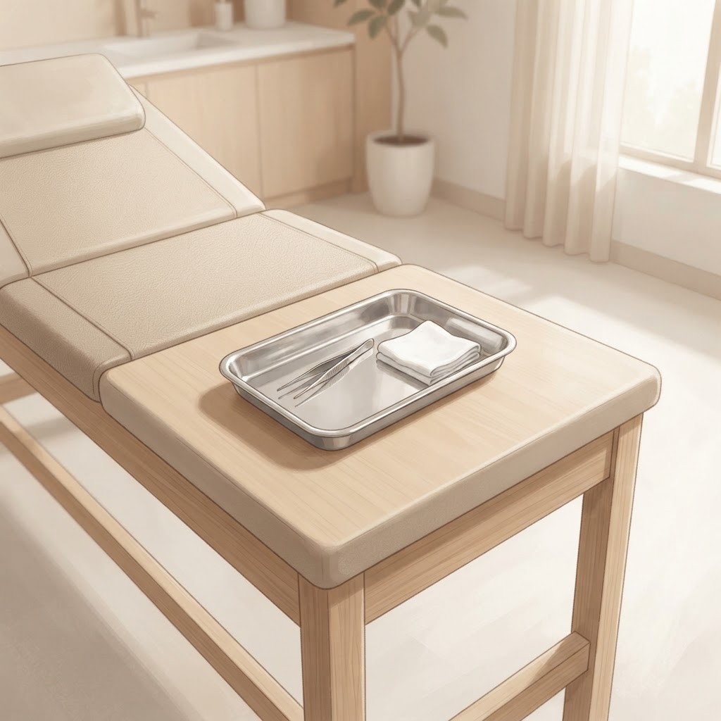 A clean, minimalist medical examination room with a sterile surgical tray on a wooden table, representing a calm and professional clinical environment.
