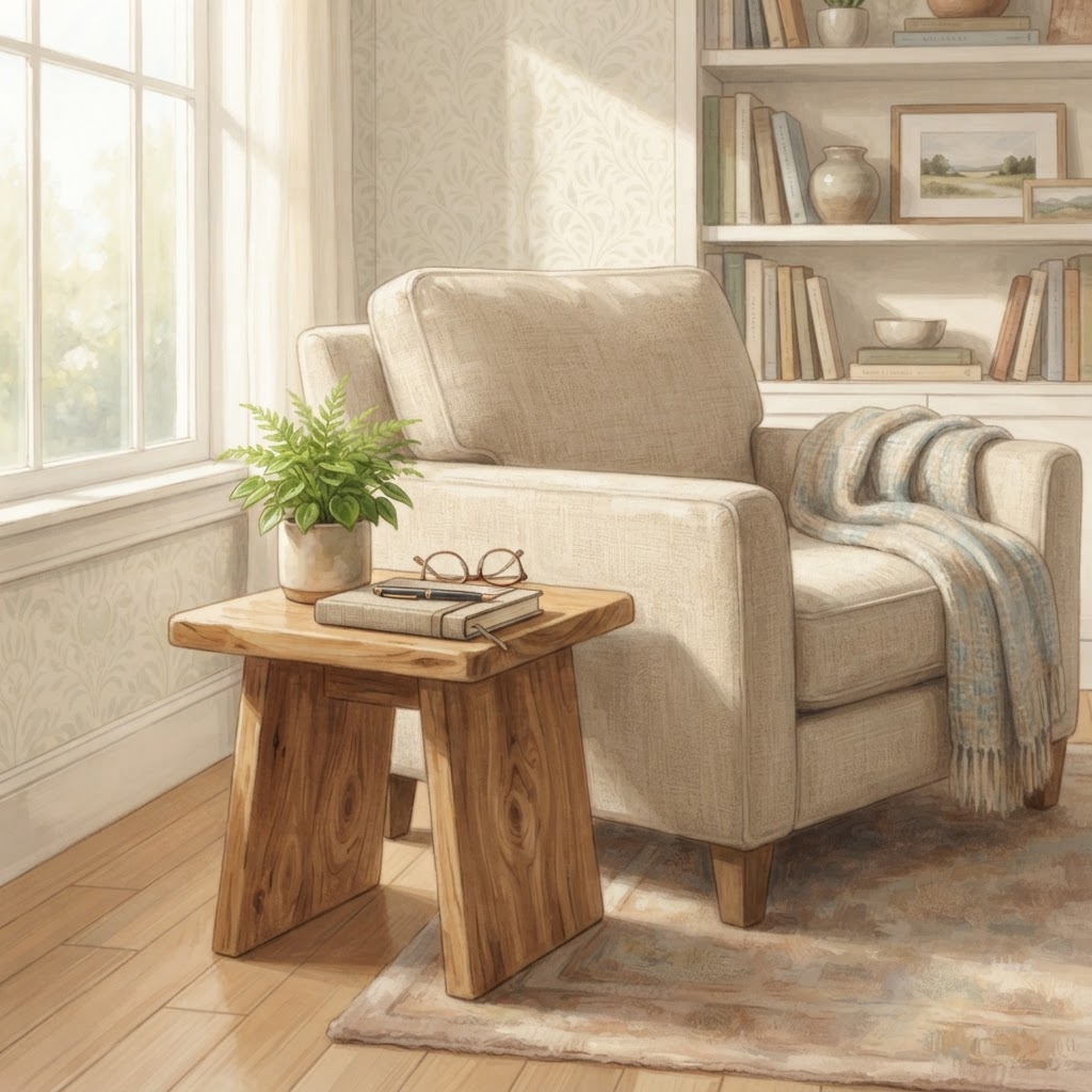 A quiet, sunlit corner of a living room with a comfortable chair and a journal, representing a space for reflection and daily management.