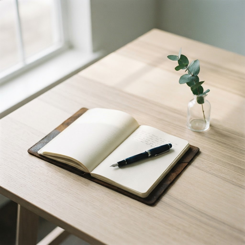 A minimalist, serene scene on a wooden table with an open journal, a fountain pen, and a small vase with a green sprig, representing the organized and thoughtful process of navigating a cancer treatment plan.