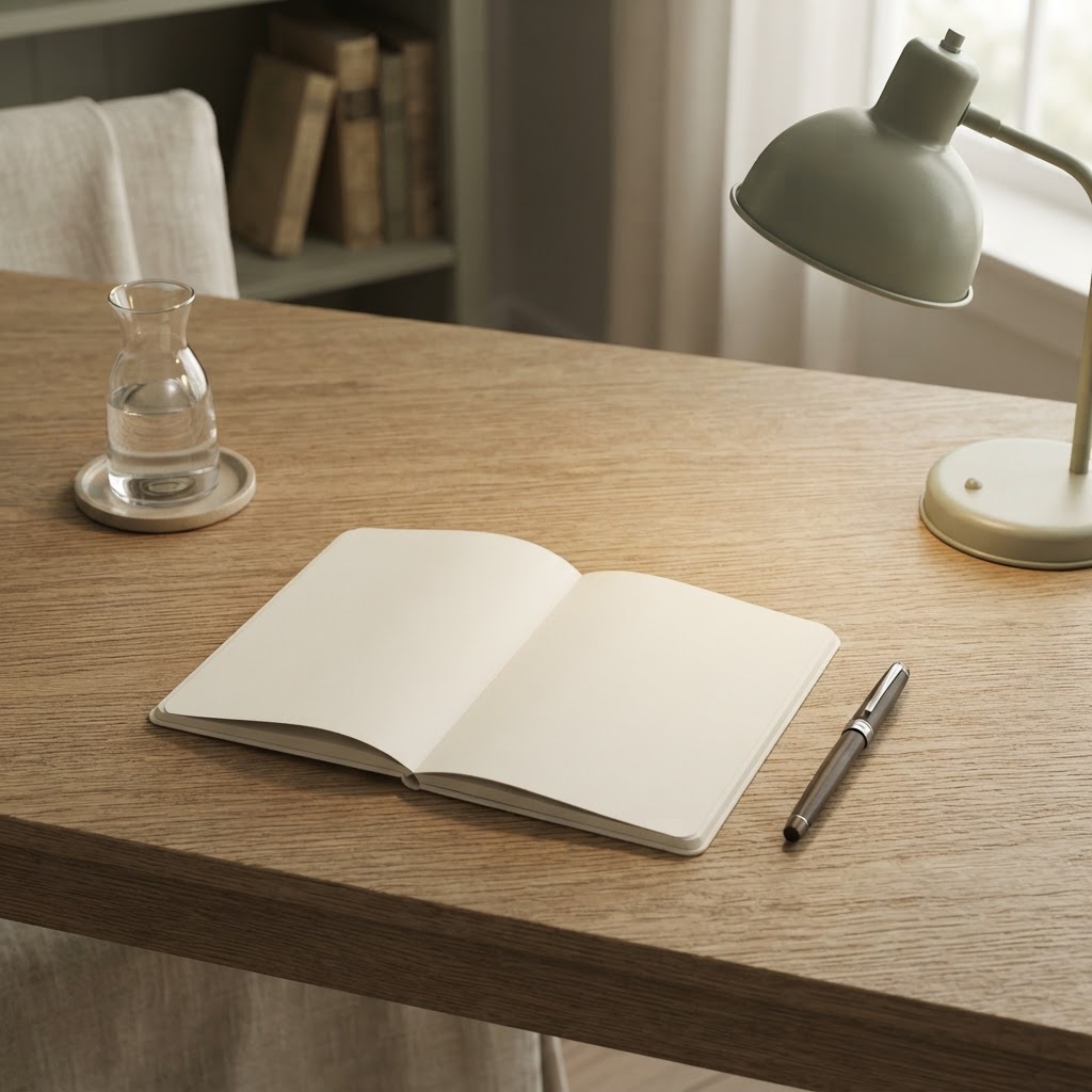 A quiet, organized desk with a notebook, pen, and lamp, representing a space for thoughtful research and planning.