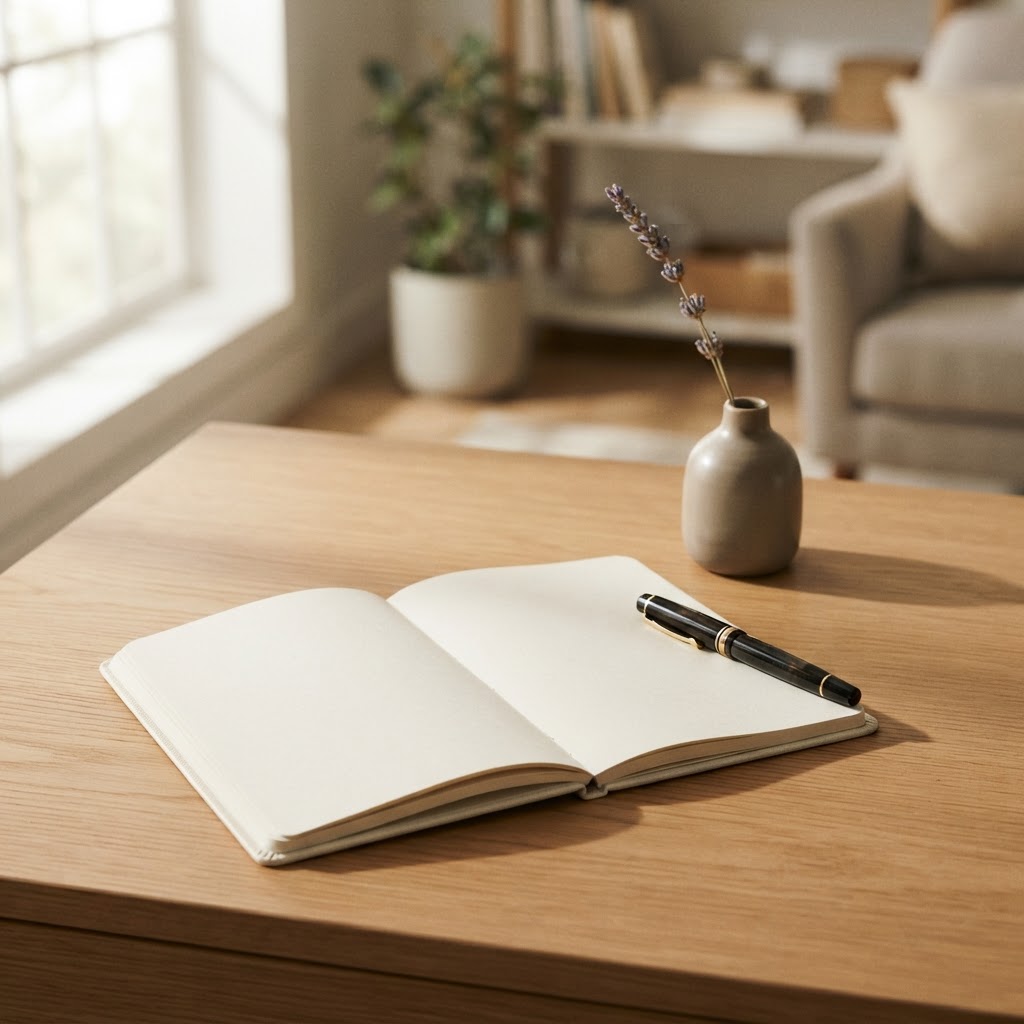 A serene, organized desk space with a notebook, pen, and a small vase of lavender, symbolizing the importance of planning and calm during the leukemia treatment journey.
