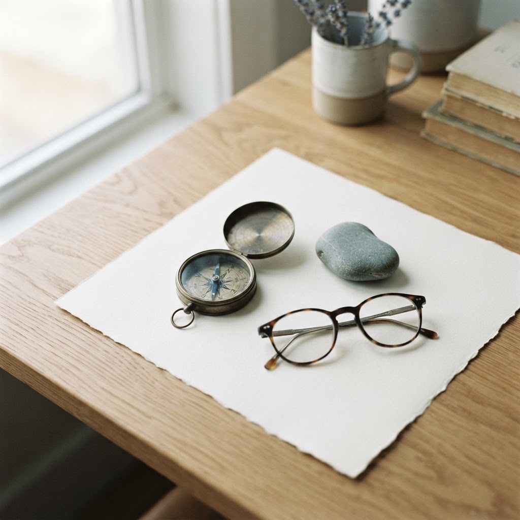 A vintage compass and a smooth stone on a wooden desk, symbolizing the process of navigating a medical diagnosis.