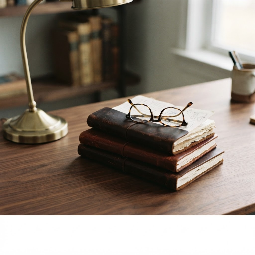 A quiet, organized desk scene with a brass lamp, journals, and reading glasses, representing the process of thoughtful health research and decision-making.