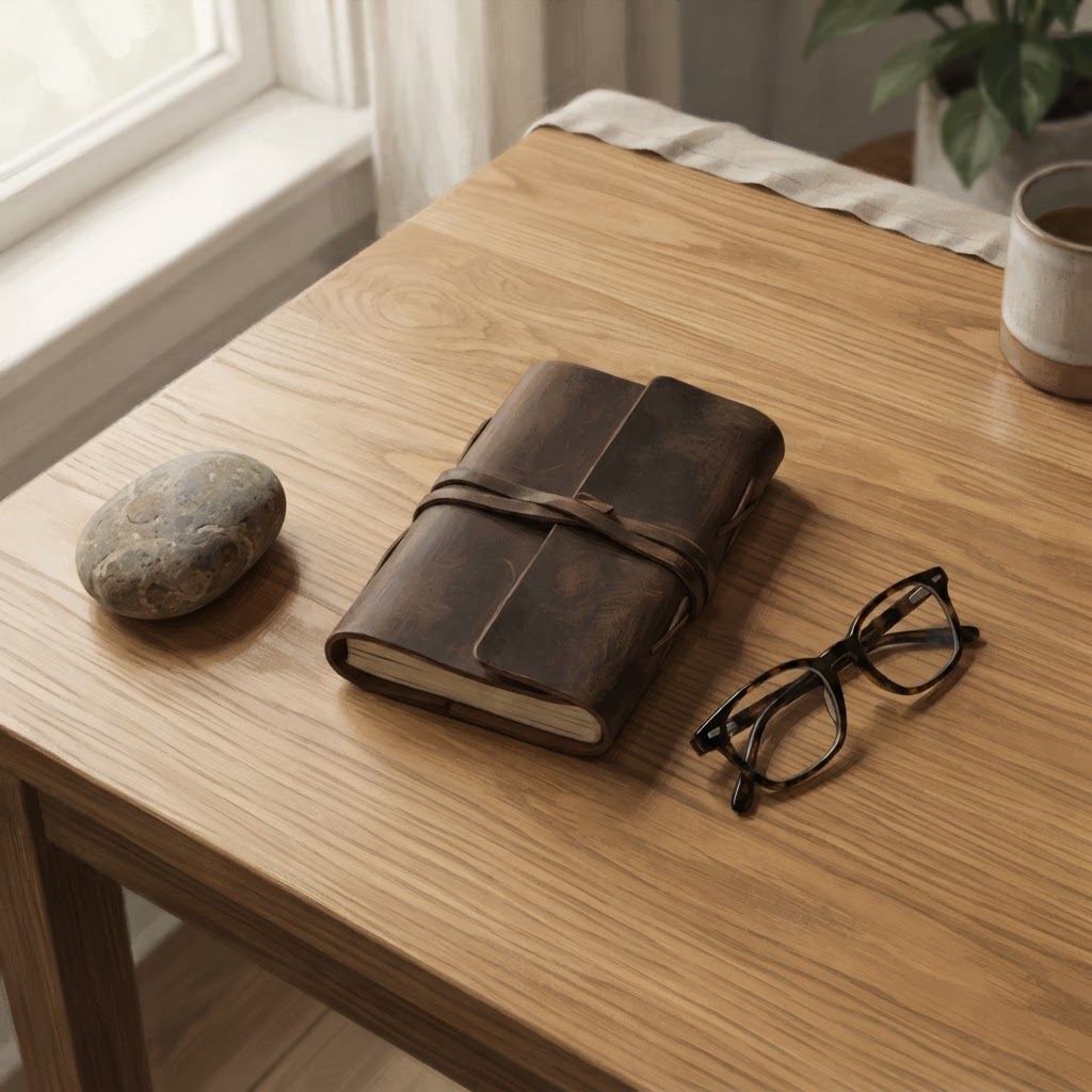 A pair of reading glasses, a closed journal, and a smooth stone on a wooden desk, representing a thoughtful and organized approach to health information.