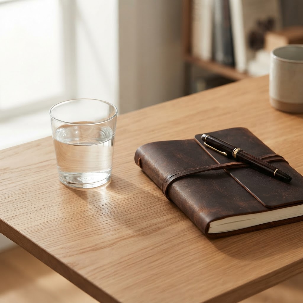 A quiet, organized desk scene with a glass of water, a journal, and a pen, representing a space for health tracking and reflection.