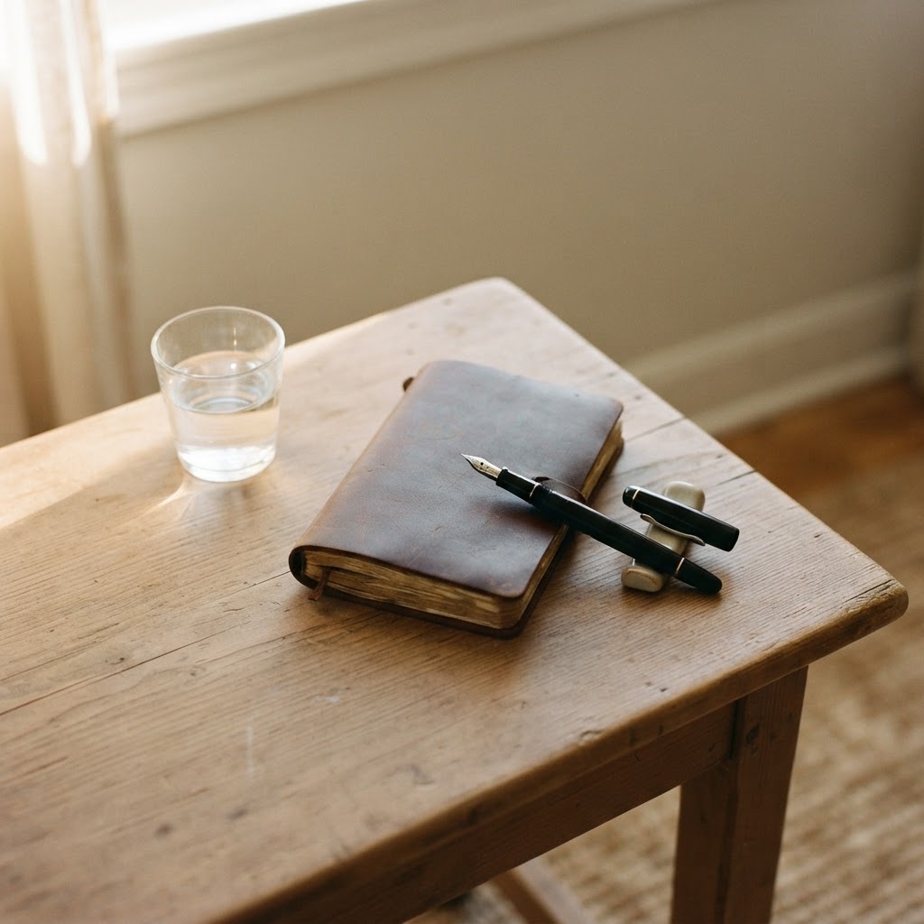 A quiet, sunlit scene featuring a leather journal and a pen on a wooden table, representing the process of tracking health symptoms.