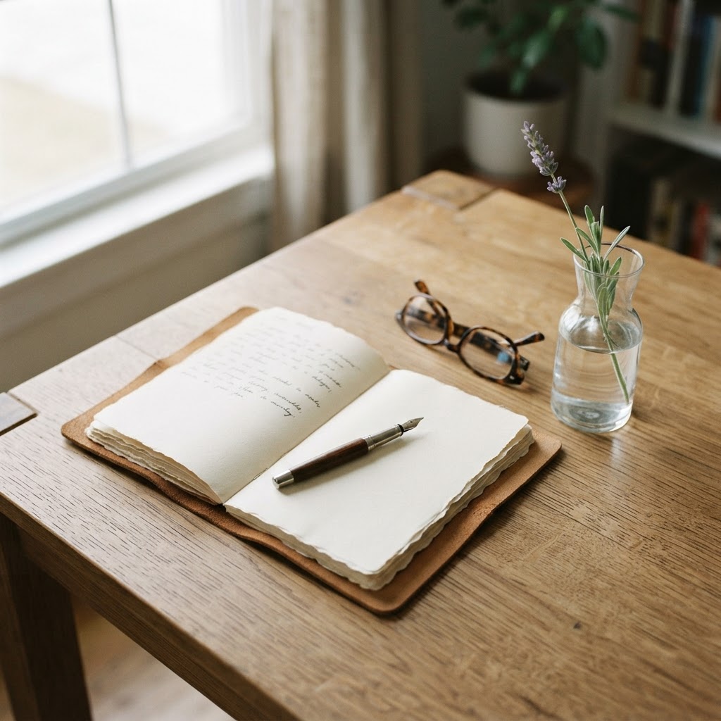 A serene, organized desk scene featuring a notebook, pen, glasses, and a glass of water, representing the thoughtful planning and supportive care involved in cancer treatment.