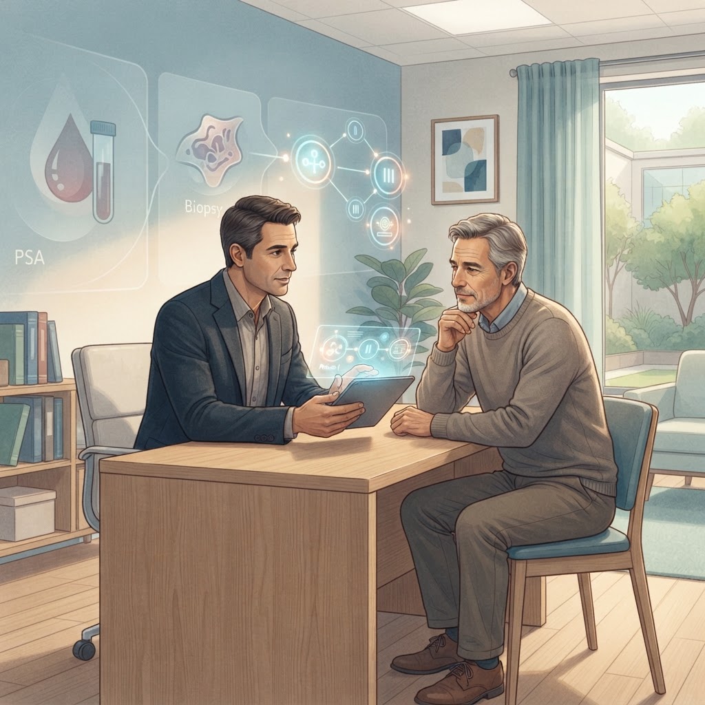 Medical professional explaining prostate cancer clinical trial options to a patient.