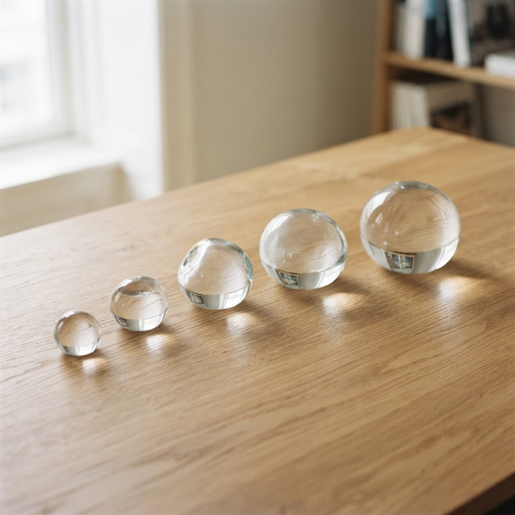 A minimalist arrangement of clear glass paperweights on a wooden desk, representing the structured and layered nature of cancer staging.