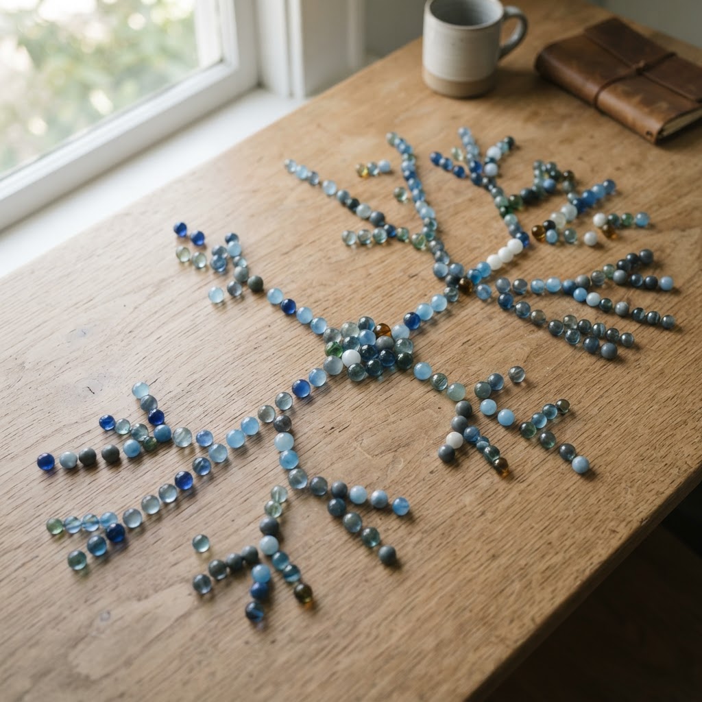 A minimalist arrangement of color-coded glass marbles on a wooden surface, organized in a branching pattern to represent the concept of mapping and progression.