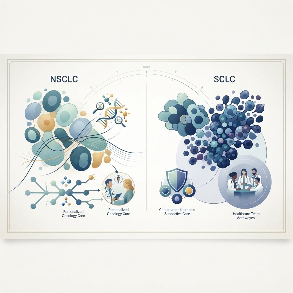 An educational graphic illustrating the differences between non-small cell and small cell lung cancer and the role of biomarker testing in treatment.