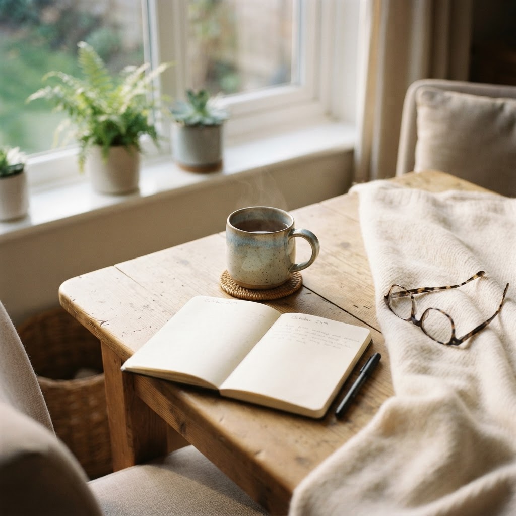 A peaceful, quiet morning scene on a wooden table with a tea mug, notebook, and glasses, representing the daily life and reflection of a cancer survivor.