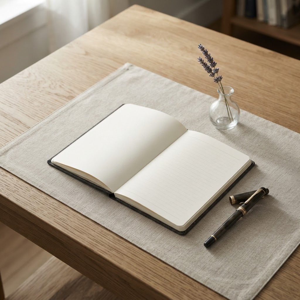 A serene, minimalist desk scene with a notebook, pen, and a small vase of dried lavender, symbolizing reflection and the careful process of gathering information.