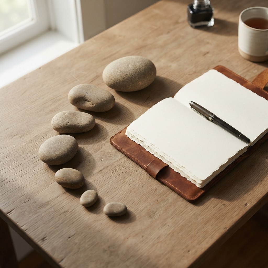 A collection of smooth river stones arranged in a curve on a wooden desk next to an open notebook, representing the balance and careful assessment involved in medical staging.