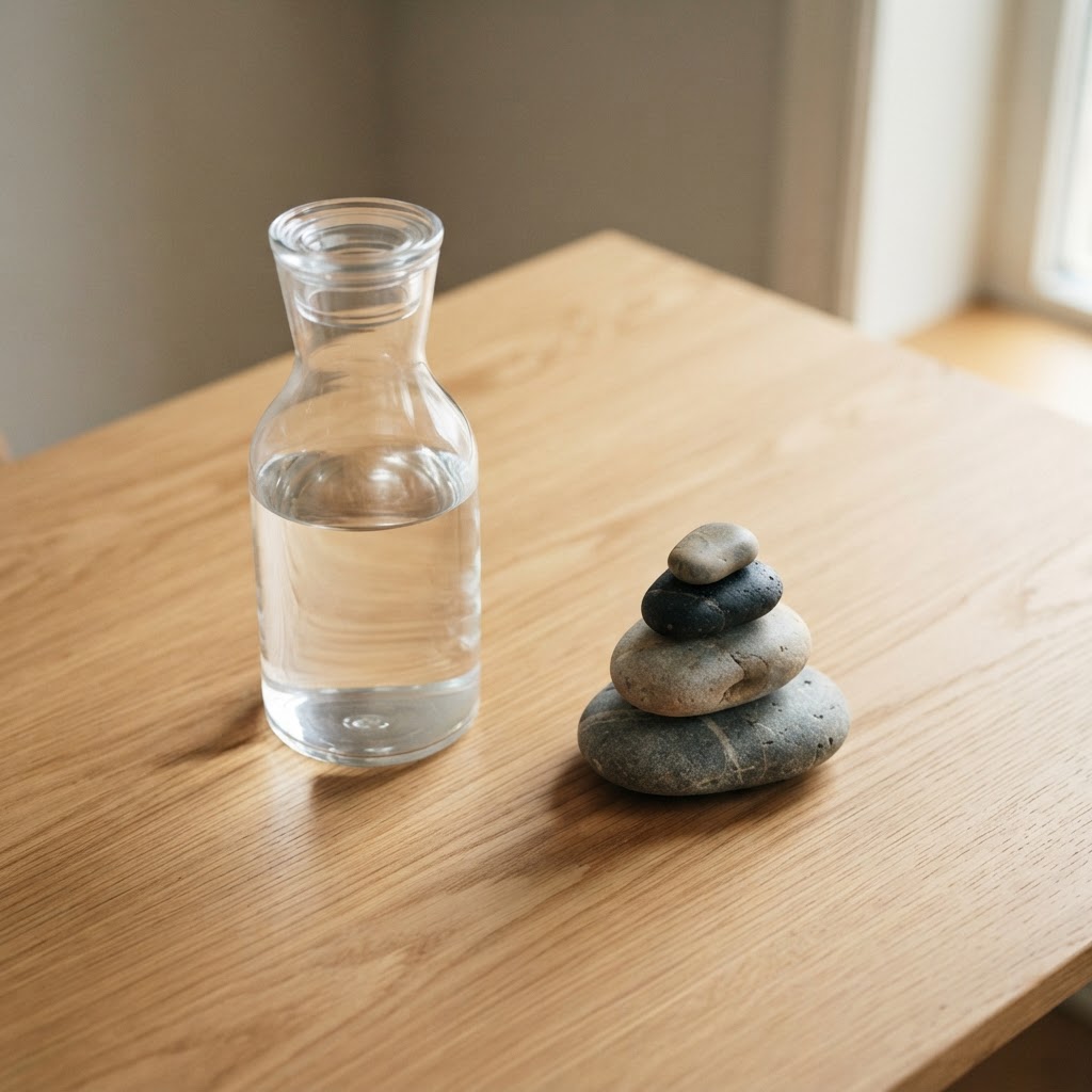 A minimalist scene featuring a glass carafe of water and a small stack of smooth river stones on a wooden desk, representing the concepts of clarity and careful monitoring in medical care.