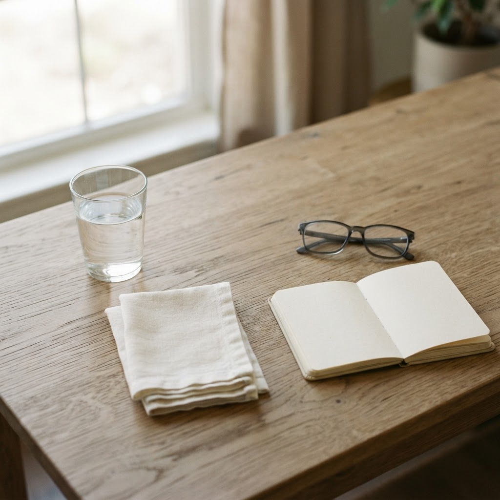 A quiet, orderly desk scene with a glass of water, folded napkins, and an open notebook, representing a moment of calm reflection and health monitoring.
