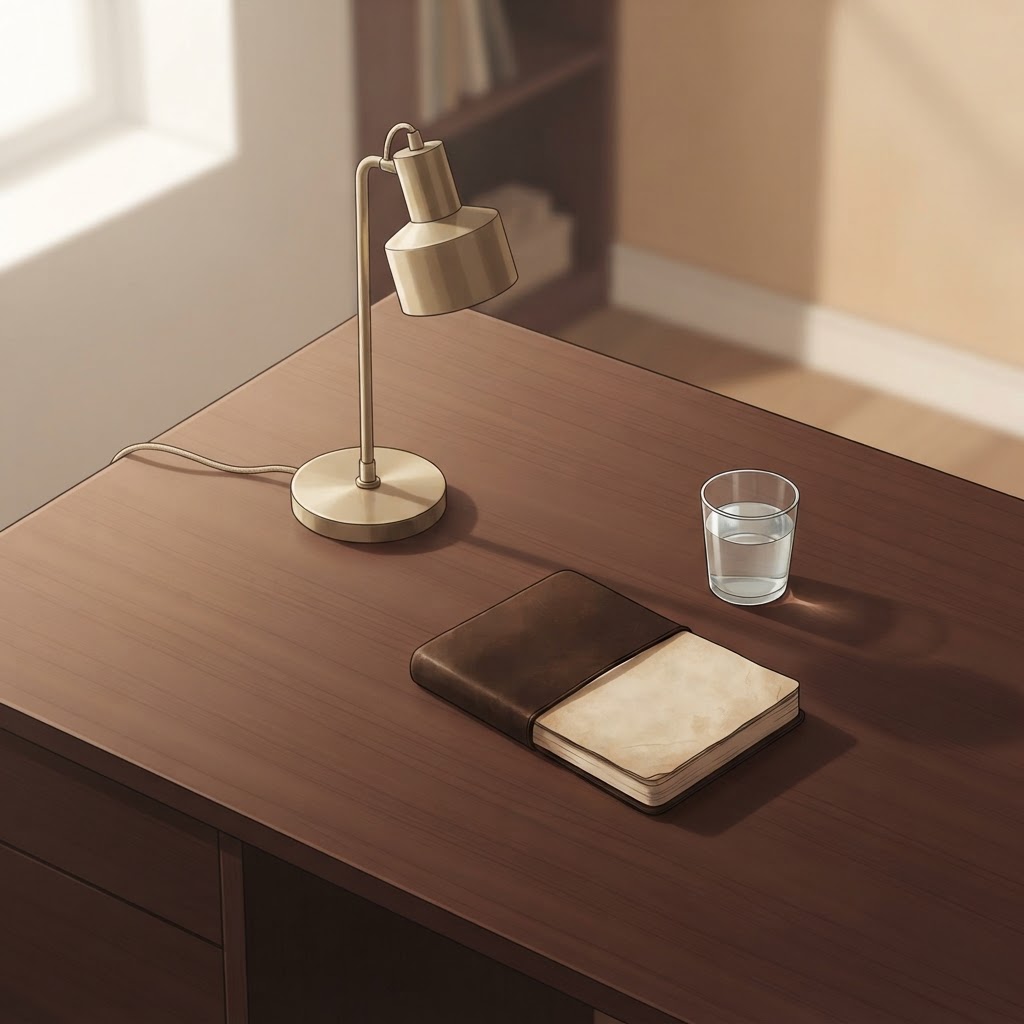A quiet, orderly desk scene with a brass lamp, a notebook, and a glass of water, representing a thoughtful approach to health and environmental safety.