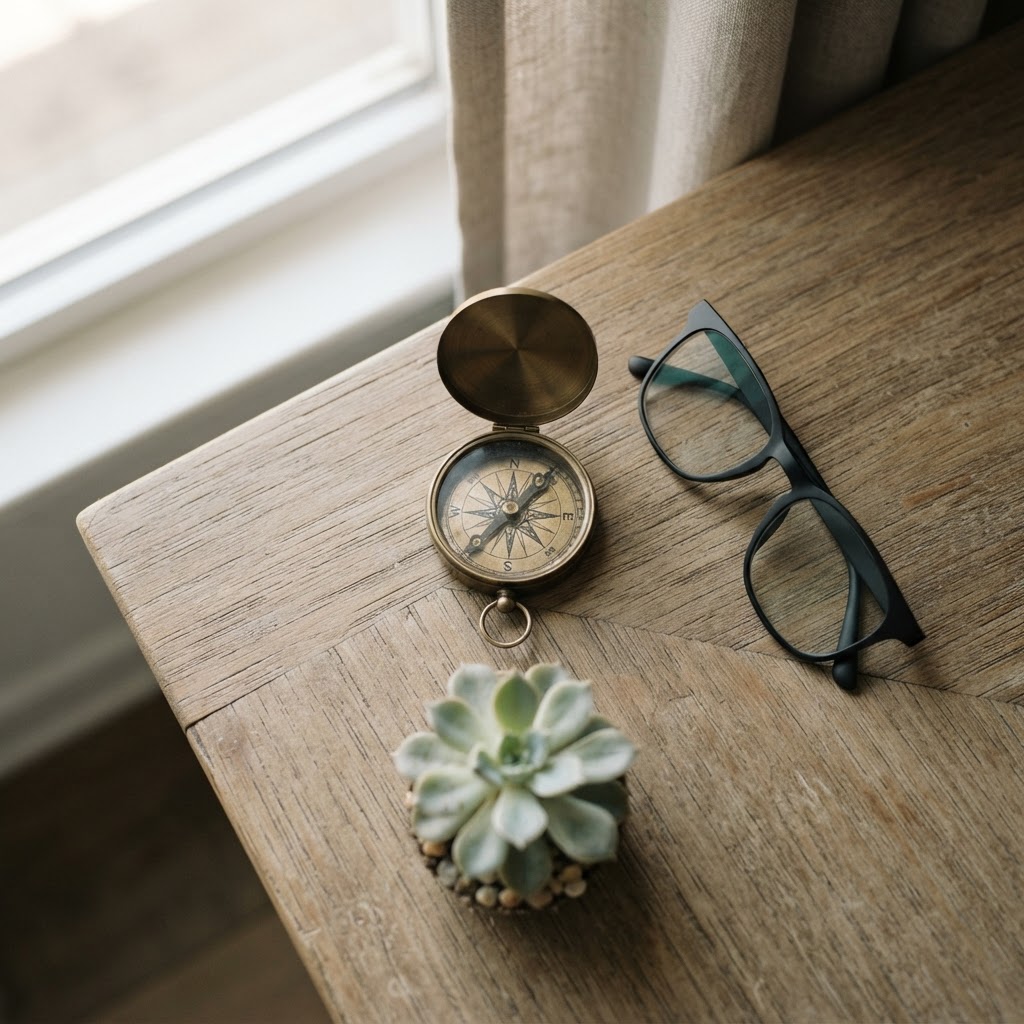 A minimalist desk scene with a vintage compass, reading glasses, and a small succulent, symbolizing careful observation and navigation of health information.