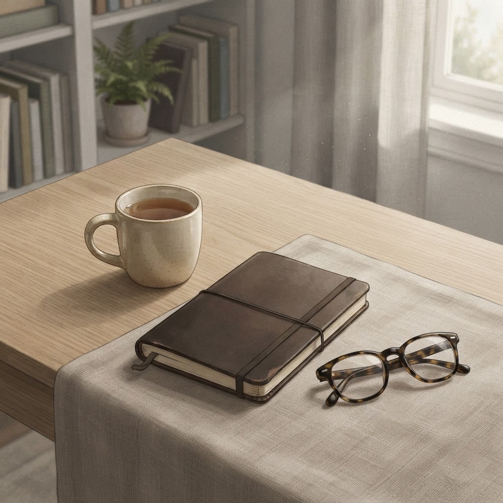 A serene, organized desk scene with a notebook, tea, and glasses, representing the thoughtful preparation and clarity needed when navigating a cancer treatment plan.