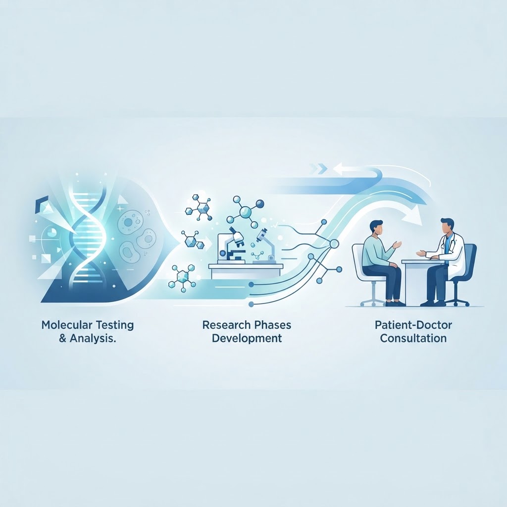 An infographic illustrating the clinical trial process for lung cancer patients, highlighting biomarker testing and research phases.