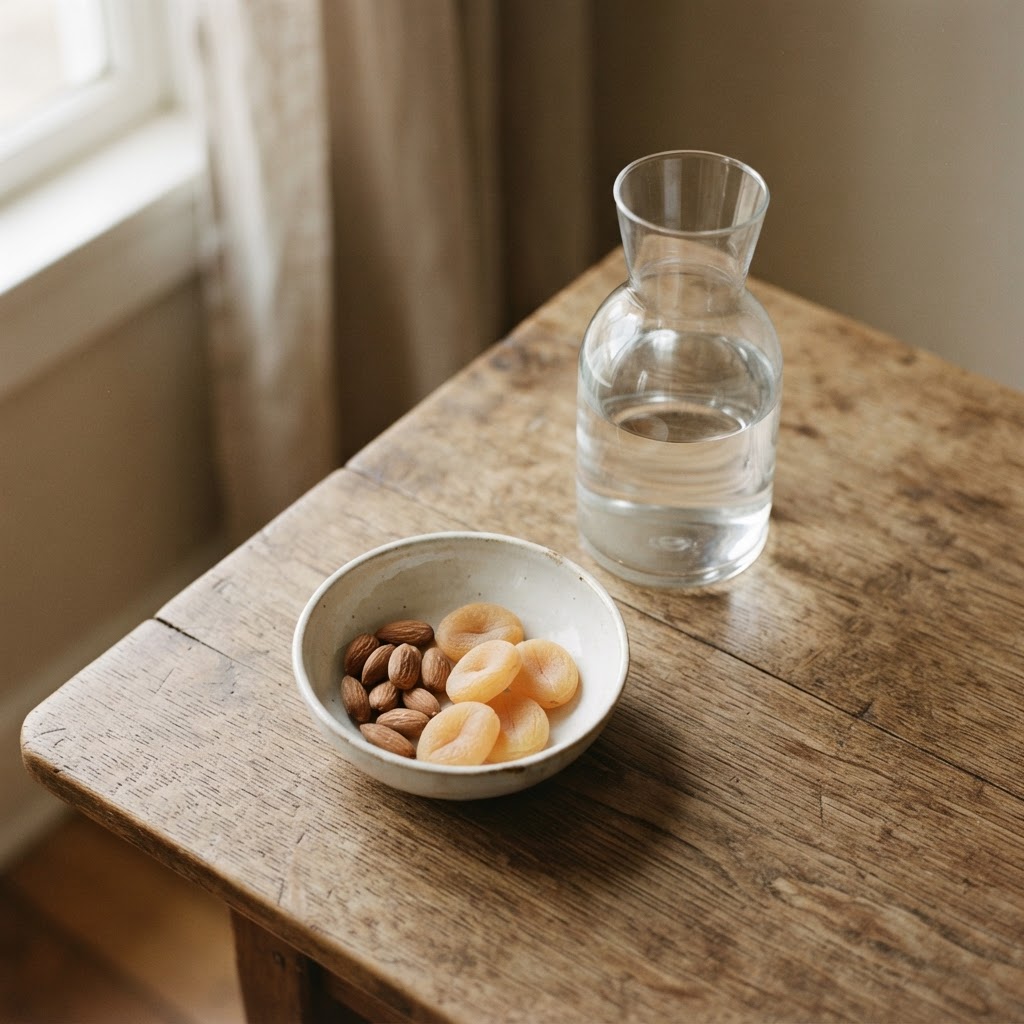 A minimalist still life featuring a glass water carafe and a small bowl of nuts and dried fruit on a wooden surface, representing a focus on healthy lifestyle choices.