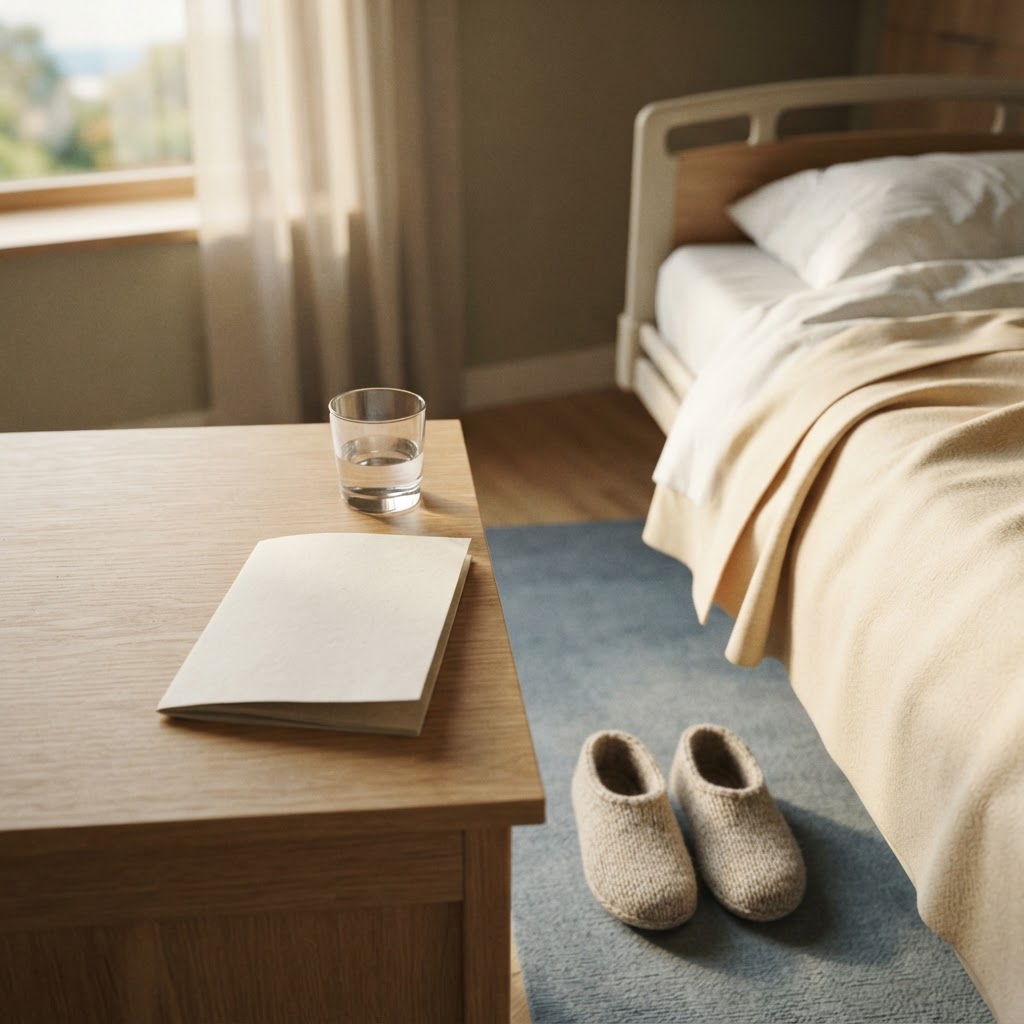 A calm, organized bedside scene with a glass of water, a patient guide, and slippers, representing the preparation and recovery phase of cancer surgery.