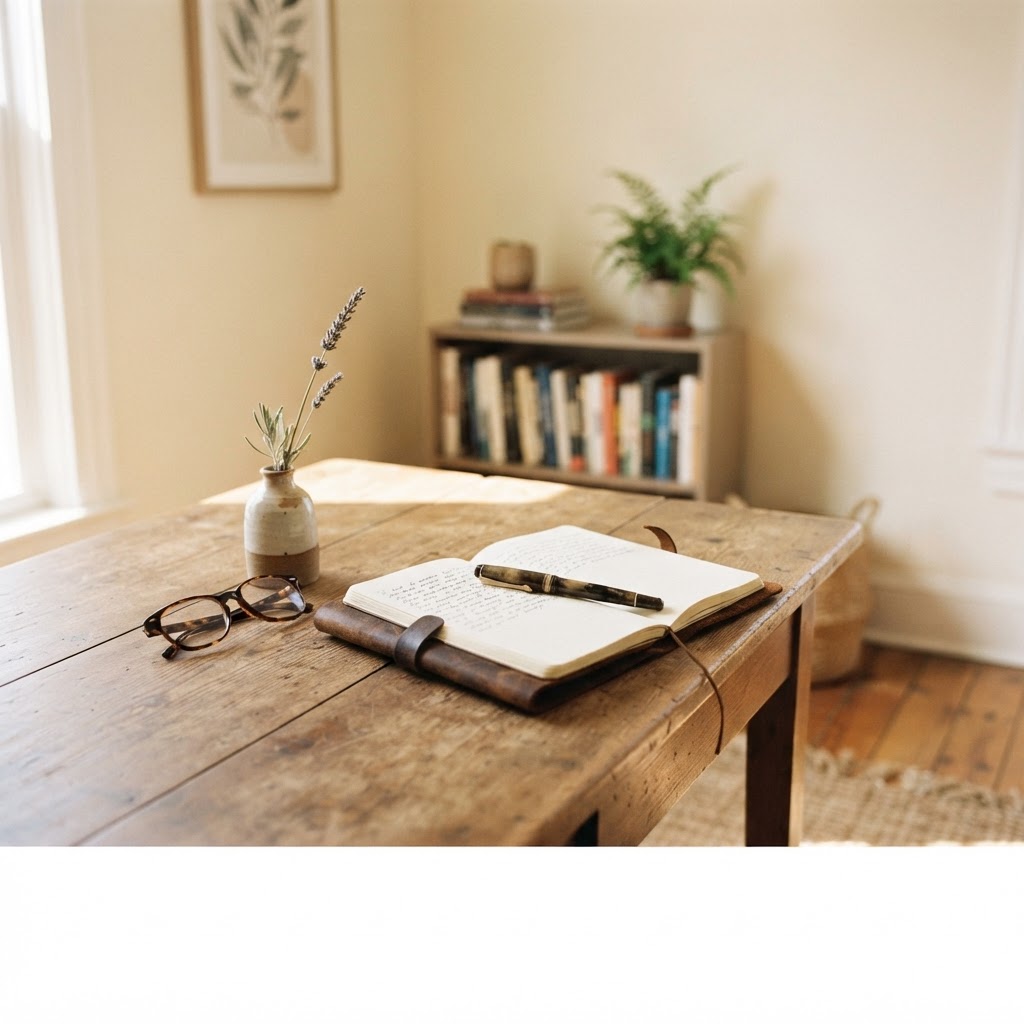 A serene, sunlit desk scene featuring an open notebook, a fountain pen, reading glasses, and a small vase with dried lavender, symbolizing thoughtful planning and research.