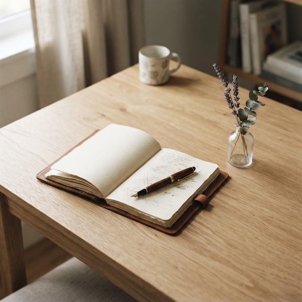 A minimalist, serene workspace with an open notebook and a sprig of dried lavender, symbolizing the thoughtful, organized process of researching medical options.