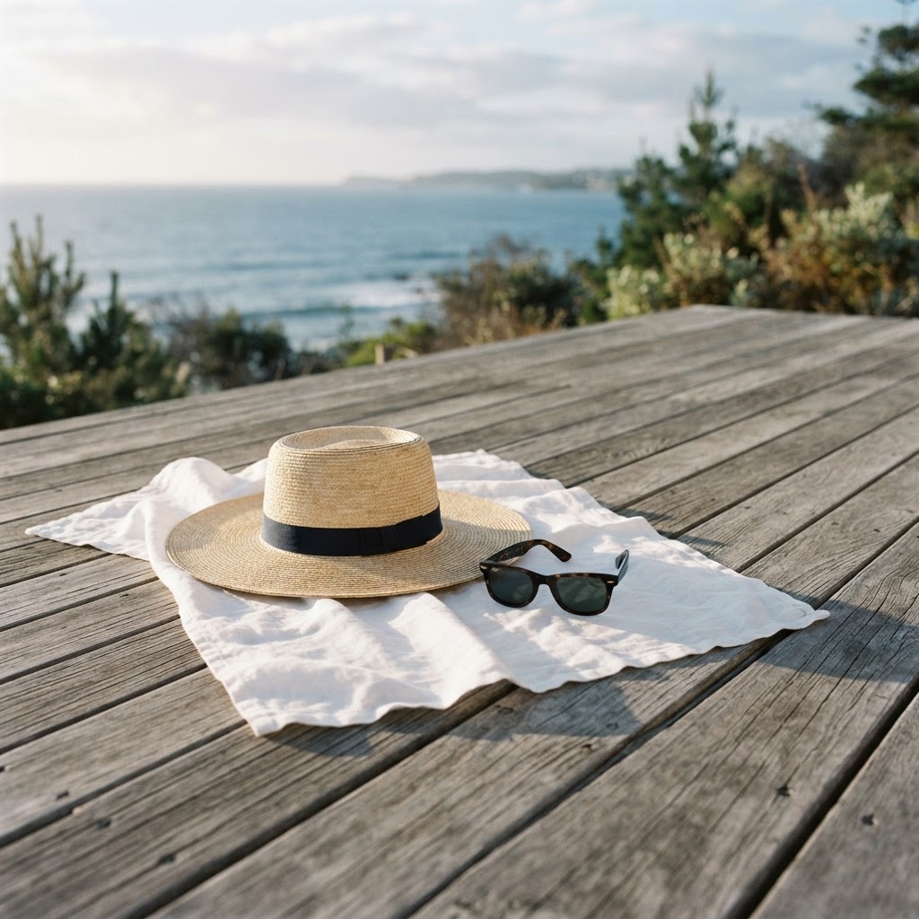 A wide-brimmed straw hat and sunglasses resting on a wooden deck, symbolizing sun protection and skin health.
