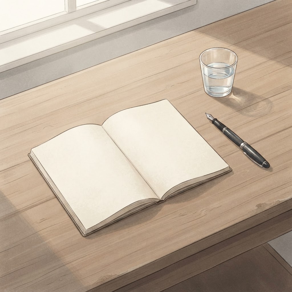 A quiet, organized workspace with a notebook and pen, representing the process of gathering information and planning for medical care.