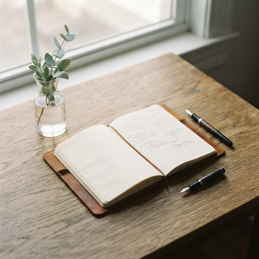 A minimalist, organized tabletop scene with a journal, pen, and water carafe, representing the process of tracking health information and diagnostic steps.