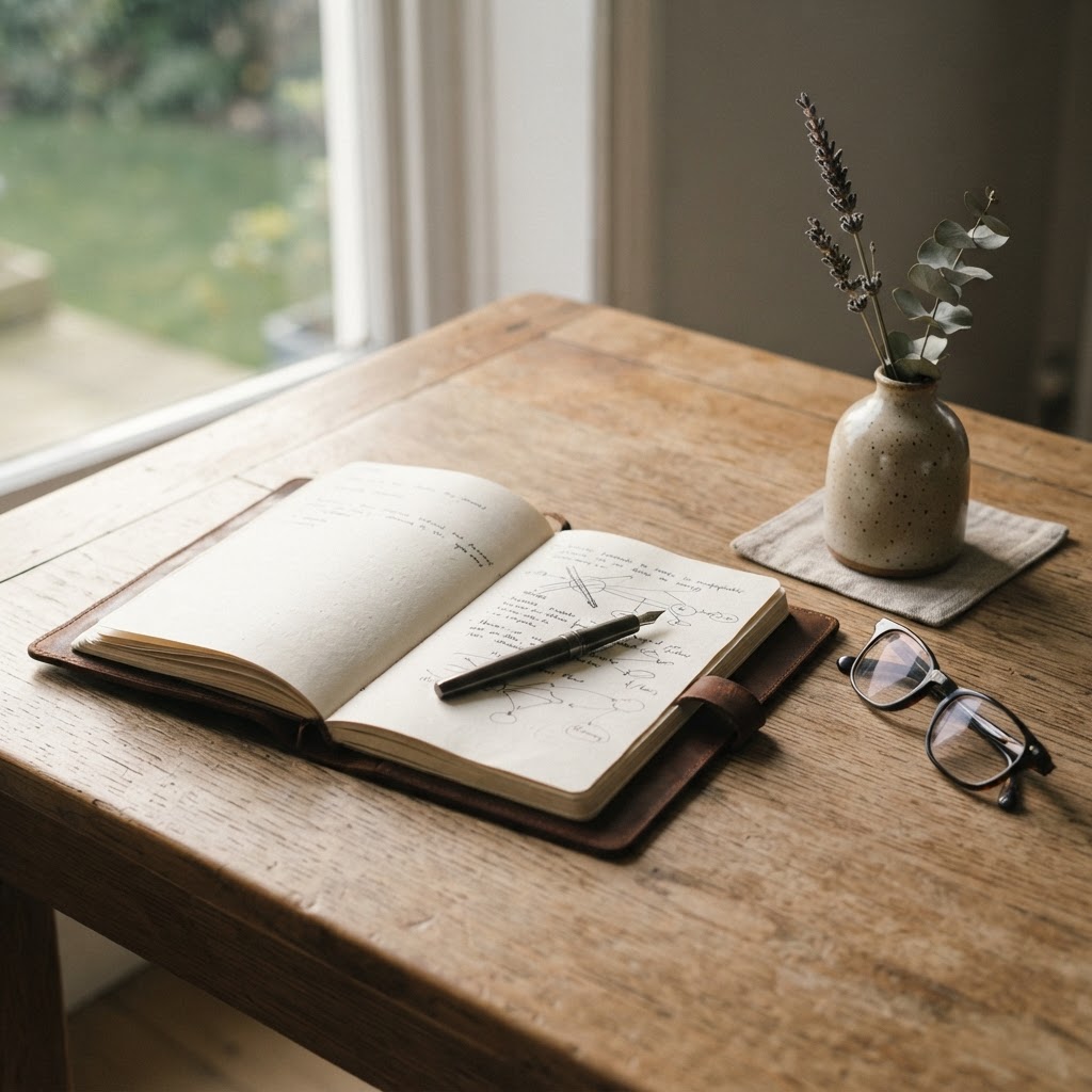 A serene, organized desk setup with a journal, pen, and a small vase of dried lavender, representing the thoughtful planning and coordination involved in cancer care.