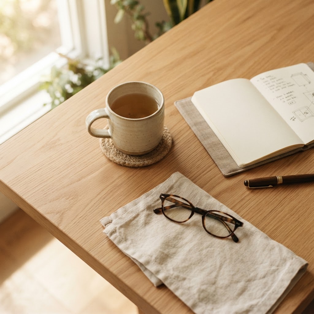 A serene, organized desk scene with a notebook, pen, and tea mug, representing the thoughtful planning and quiet moments involved in managing a health journey.