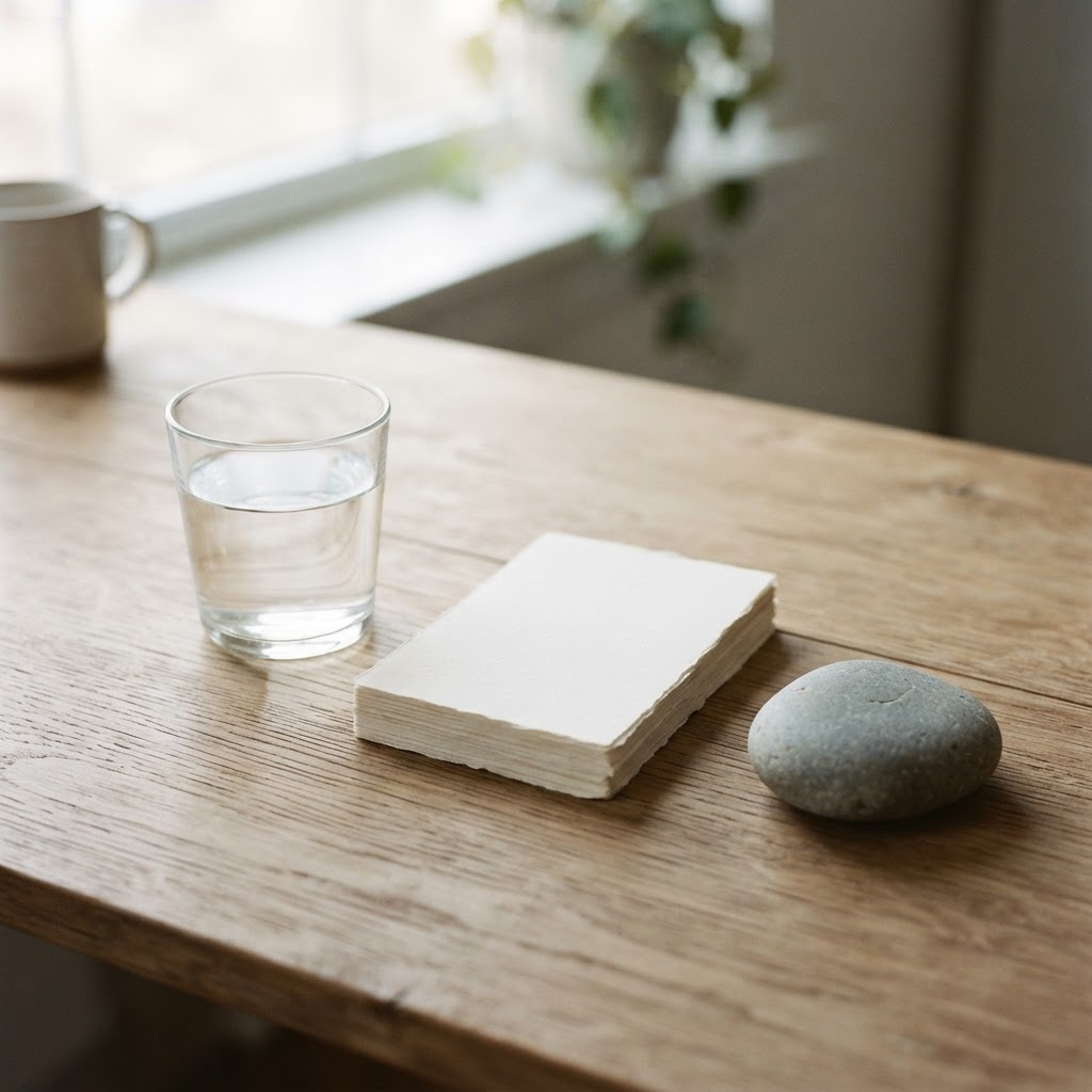 A minimalist scene on a wooden desk with a glass of water, paper, and a smooth stone, representing clarity and the objective nature of medical information.