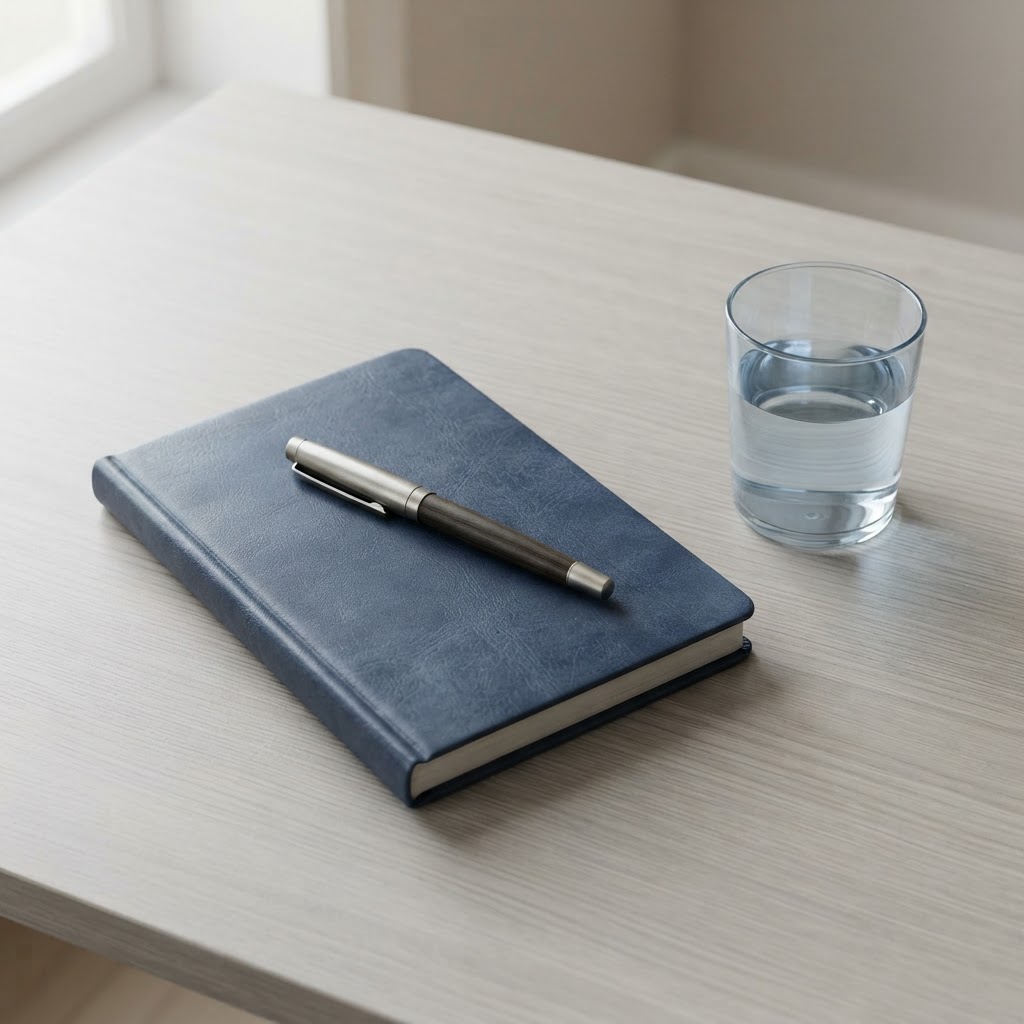A minimalist desk setup with a notebook, pen, and glass of water, representing the organized process of tracking health information.
