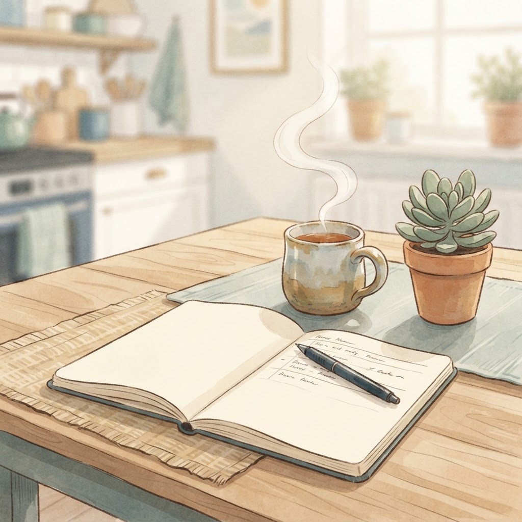 A peaceful, organized scene on a wooden table featuring a notebook, a pen, a steaming mug of tea, and a small succulent plant in soft morning light.