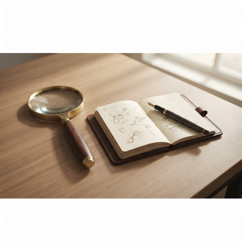 A magnifying glass and a notebook on a wooden desk, representing the process of careful observation and medical assessment.