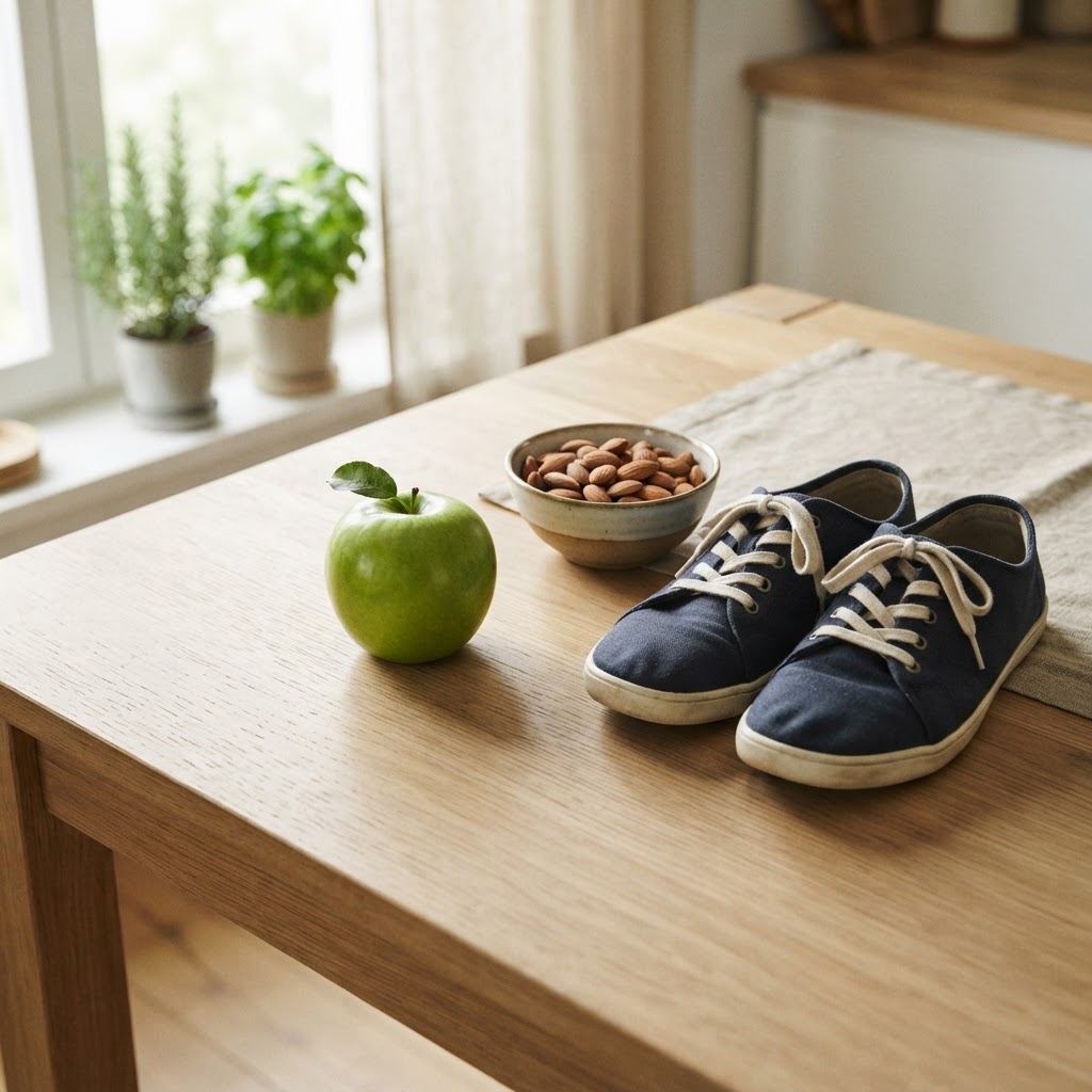 A minimalist still life featuring a green apple, a bowl of almonds, and walking shoes on a wooden table, representing a healthy lifestyle.