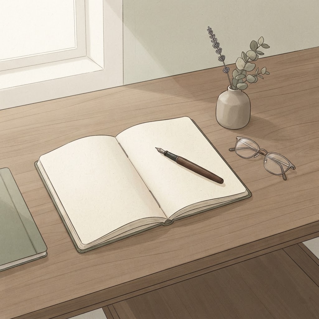 A quiet, organized desk scene with a notebook, pen, reading glasses, and a small vase of dried lavender, representing the process of gathering information and reflection.