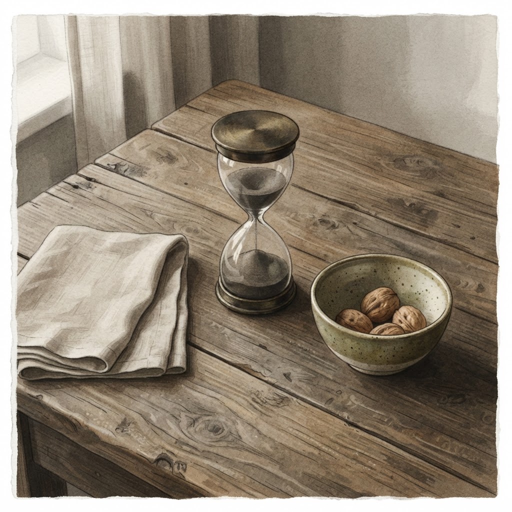 A minimalist still life featuring an hourglass, a folded linen cloth, and a bowl of walnuts on a wooden table, symbolizing the passage of time and health awareness.