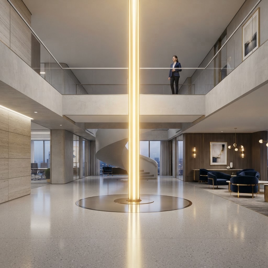 Modern architectural space with golden pillar representing leadership and operational mastery
