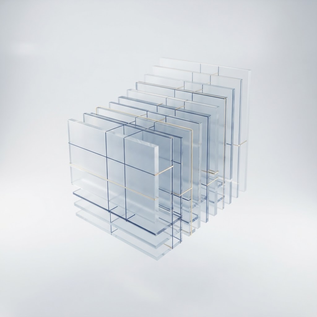 Abstract workflow optimization visualization with glass layers aligning into perfect order