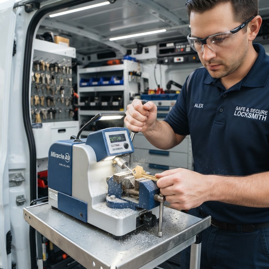 BestBoy Locksmith technician cutting a vehicle key on-site in Sacramento