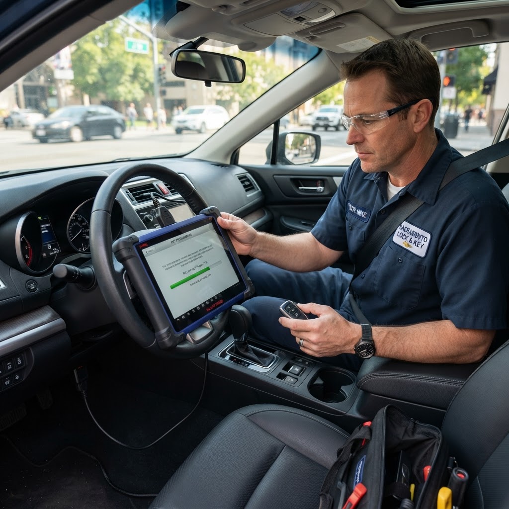Locksmith technician programming a proximity key fob for a customer in Sacramento