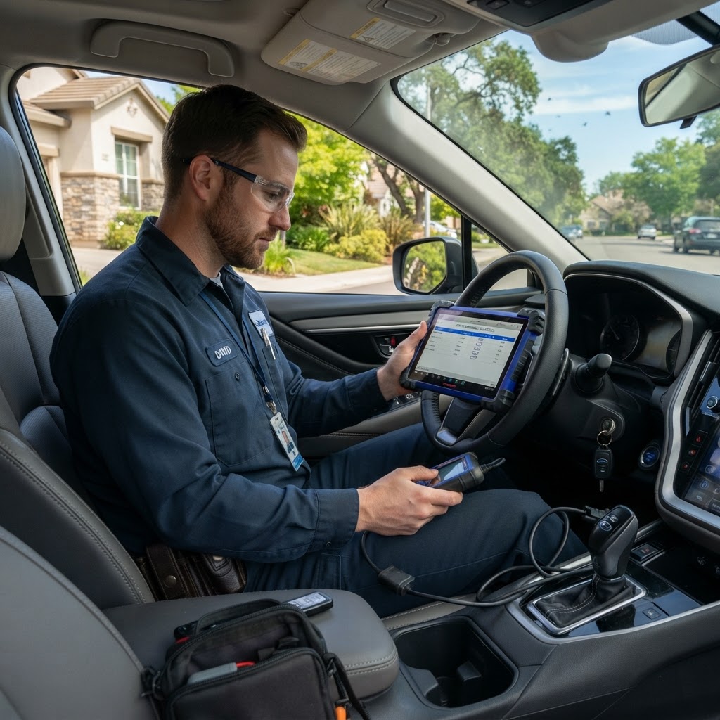 Locksmith technician programming a new car key fob in a driveway.