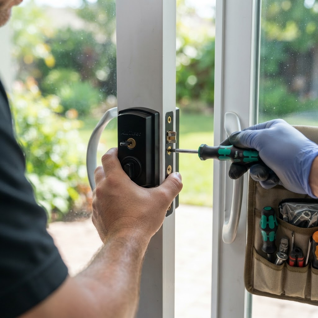 Professional locksmith installing a new high-security lock on a sliding glass patio door.