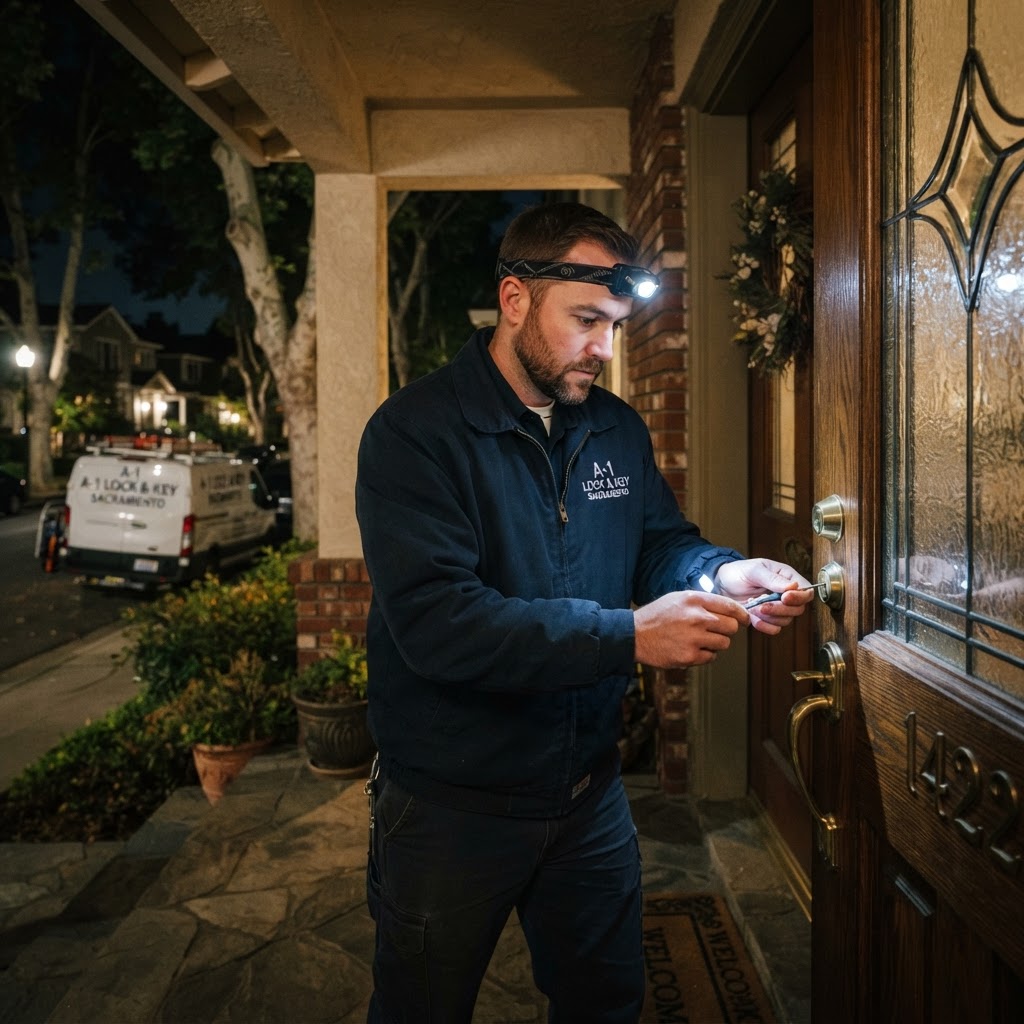 A professional locksmith using tools to unlock a door in Sacramento, CA.