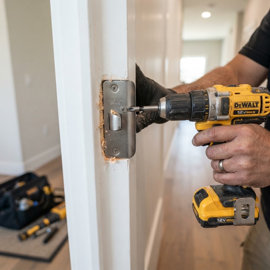 Close up of a professional locksmith installing a heavy-duty steel strike plate on a wooden door frame.