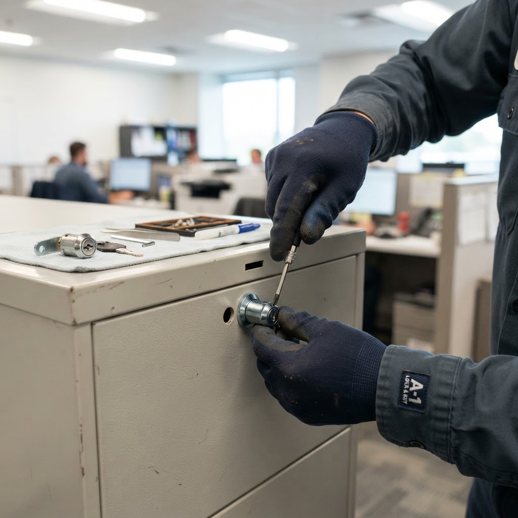 A professional locksmith replacing a file cabinet lock in a modern office setting.