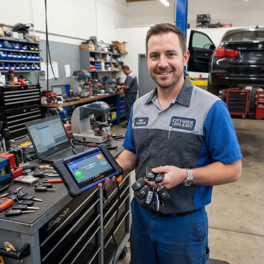 A professional locksmith technician holding a variety of car key fobs and a programming device.